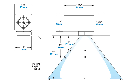 Spray Dimensions – 1/2 NPT HollowStream Cone Liquid Atomizing Nozzle