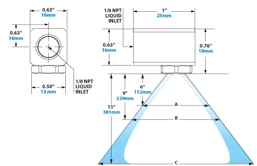 Spray Dimensions – 1/8 NPT HollowStream Cone Liquid Atomizing Nozzle