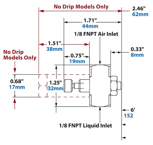 Dimensions - 1/8 FNPT Internal Mix Narrow Angle Round Pattern Atomizing Nozzle Dimensions - 1/8 FNPT Internal Mix Narrow Angle Round Pattern Atomizing Nozzle