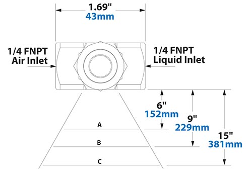 Dimensions - 1/4 FNPT Internal Mix Deflected Flat Fan Pattern Atomizing Nozzle Dimensions - 1/4 FNPT Internal Mix Deflected Flat Fan Pattern Atomizing Nozzle