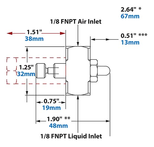 Dimensions - 1/8 FNPT Internal Mix Flat Fan Pattern Atomizing Nozzle Dimensions - 1/8 FNPT Internal Mix Flat Fan Pattern Atomizing Nozzle