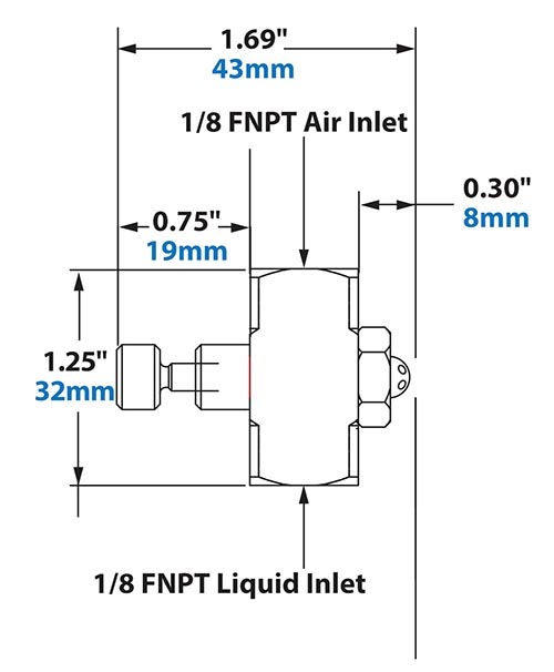 Dimensions - 1/8 FNPT Internal Mix Wide Angle Round Pattern Atomizing Nozzle Dimensions - 1/8 FNPT Internal Mix Wide Angle Round Pattern Atomizing Nozzle