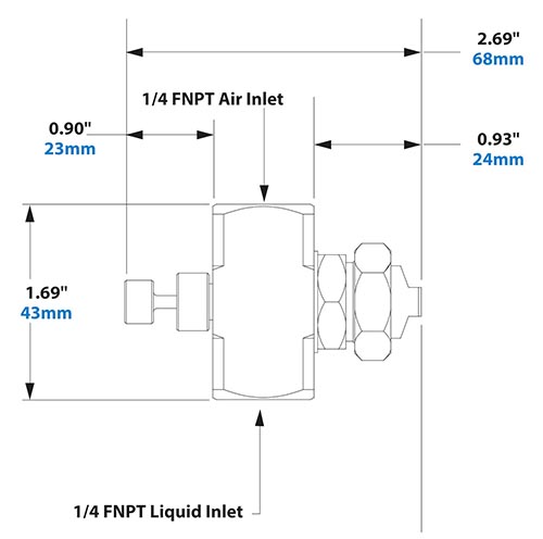 Dimensions - 1/4 FNPT External Mix Narrow Angle Flat Fan Pattern Atomizing Nozzle Dimensions - 1/4 FNPT External Mix Narrow Angle Flat Fan Pattern Atomizing Nozzle