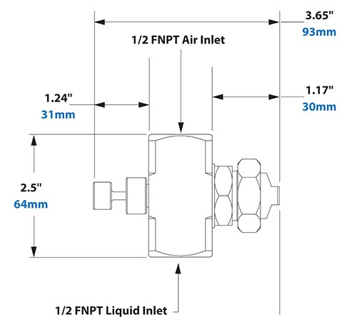 Dimensions - 1/2 FNPT External Mix Narrow Angle Flat Fan Pattern Atomizing Nozzle Dimensions - 1/2 FNPT External Mix Narrow Angle Flat Fan Pattern Atomizing Nozzle