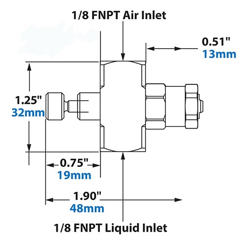 Dimensions - 1/8 FNPT External Mix Narrow Angle Flat Fan Pattern Atomizing Nozzle Dimensions - 1/8 FNPT External Mix Narrow Angle Flat Fan Pattern Atomizing Nozzle