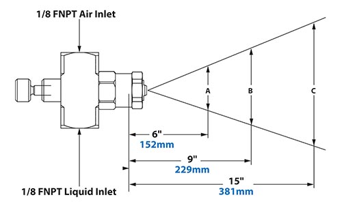 Spray Dimensions - 1/8 FNPT External Mix Narrow Angle Flat Fan Spray Dimensions - 1/8 FNPT External Mix Narrow Angle Flat Fan Pattern Atomizing Nozzle