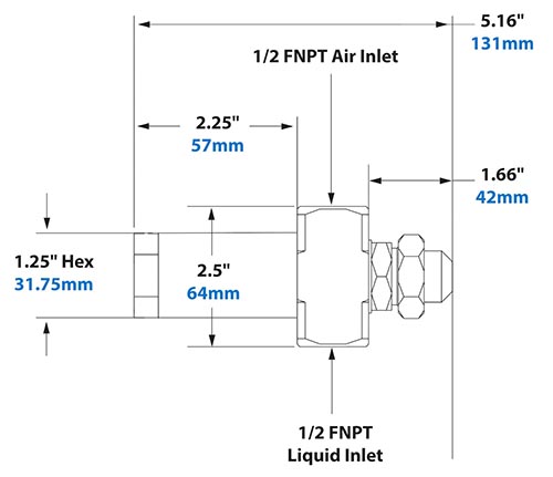 Dimensions - 1/2 FNPT No Drip Internal Mix Narrow Angle Round Pattern Atomizing Nozzle Dimensions - 1/2 FNPT No Drip Internal Mix Narrow Angle Round Pattern Atomizing Nozzle