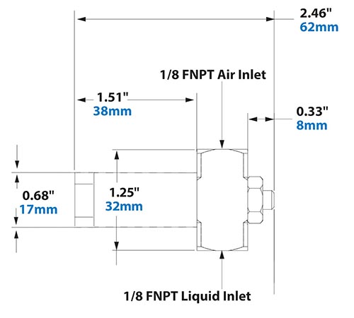 Dimensions - 1/8 FNPT Internal Mix No Drip Narrow Angle Round Pattern Atomizing Nozzle Dimensions - 1/8 FNPT Internal Mix No Drip Narrow Angle Round Pattern Atomizing Nozzle