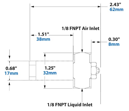 Dimensions - 1/8 FNPT No Drip Internal Mix Wide Angle Round Pattern Atomizing Nozzle 