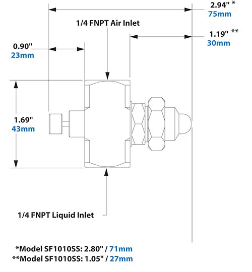 Dimensions - 1/4 FNPT Siphon Fed Flat Fan Pattern Atomizing Nozzle Dimensions - 1/4 FNPT Siphon Fed Flat Fan Pattern Atomizing Nozzle