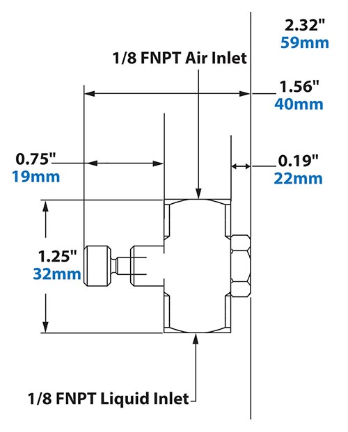 Dimensions - 1/8 FNPT Siphon Fed Round Pattern Atomizing Nozzle Dimensions - 1/8 FNPT Siphon Fed Round Pattern Atomizing Nozzle