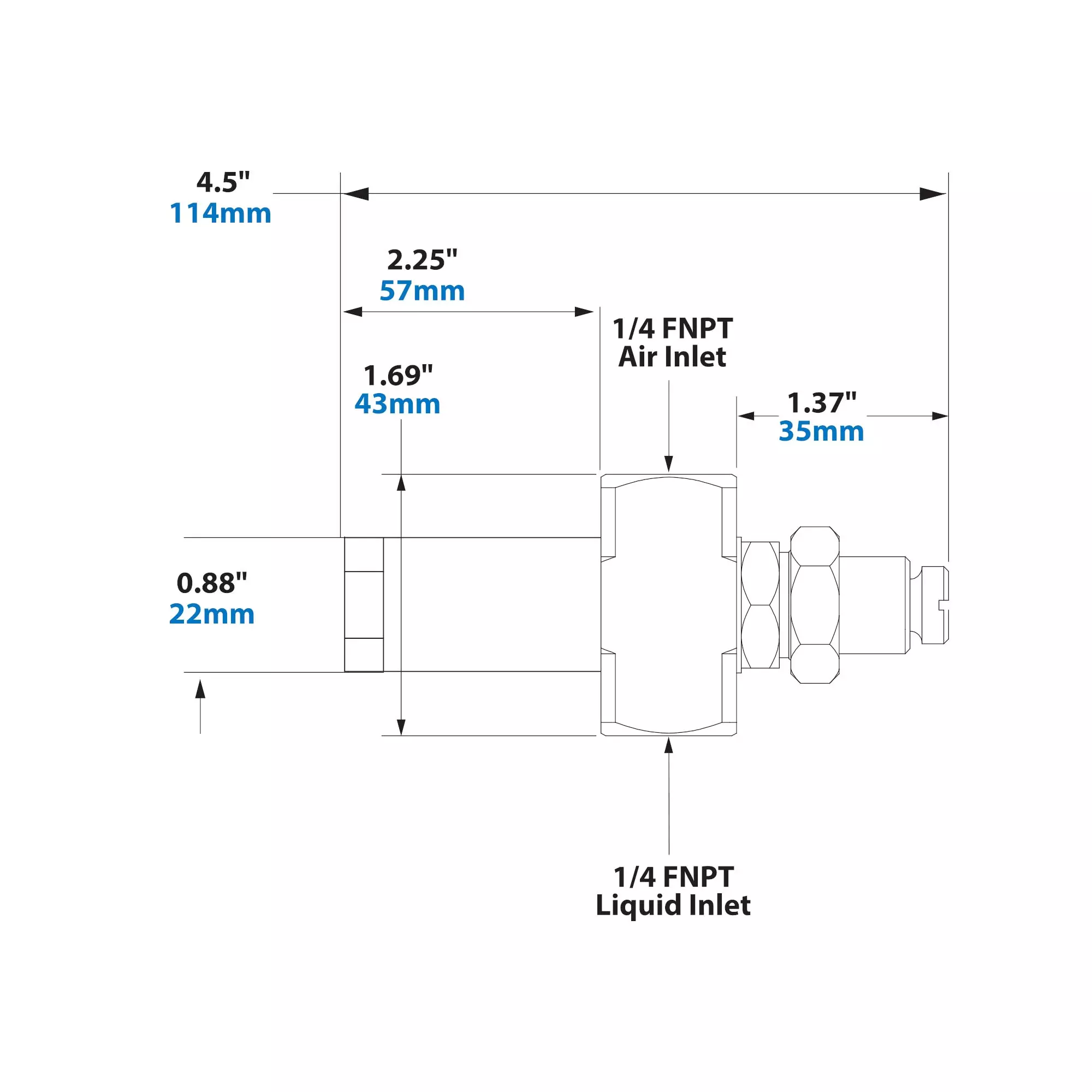 Dimensions - 1/4 FNPT No Drip Internal Mix 360 Degree Hollow Circular Pattern Atomizing Nozzle