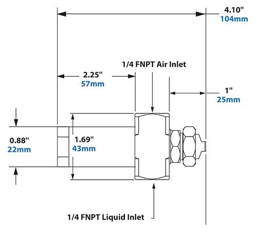 Dimensions - 1/4 FNPT No Drip External Mix Wide Angle Flat Fan Pattern Atomizing Nozzle Dimensions - 1/4 FNPT No Drip External Mix Wide Angle Flat Fan Pattern Atomizing Nozzle