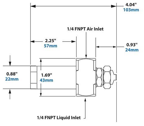 Dimensions - 1/4 FNPT No Drip External Mix Narrow Angle Flat Fan Pattern Atomizing Nozzle Dimensions - 1/4 FNPT No Drip External Mix Narrow Angle Flat Fan Pattern Atomizing Nozzle