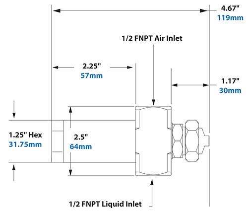 Dimensions - 1/2 FNPT No Drip External Mix Narrow Angle Flat Fan Pattern Atomizing Nozzle Dimensions - 1/2 FNPT No Drip External Mix Narrow Angle Flat Fan Pattern Atomizing Nozzle