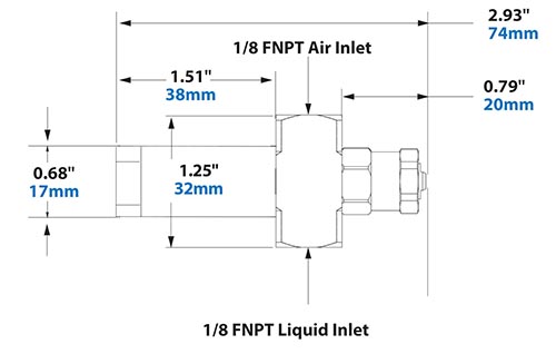 Dimensions - 1/8 FNPT No Drip External Mix Narrow Angle Flat Fan Pattern Atomizing Nozzle Dimensions - 1/8 FNPT No Drip External Mix Narrow Angle Flat Fan Pattern Atomizing Nozzle