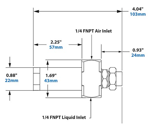 Dimensions - 1/4 FNPT No Drip External Mix Round Pattern Atomizing Nozzle Dimensions - 1/4 FNPT No Drip External Mix Round Pattern Atomizing Nozzle