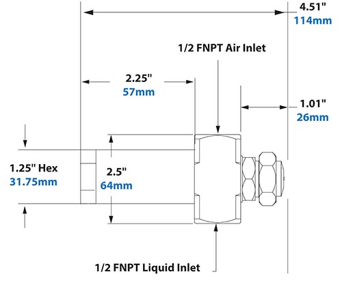 Dimensions - 1/2 FNPT Siphon Fed Round Pattern Atomizing Nozzle Dimensions - 1/2 FNPT Siphon Fed Round Pattern Atomizing Nozzle