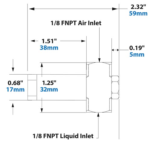 Dimensions - 1/8 FNPT Siphon Fed Round Pattern Atomizing Nozzle Dimensions - 1/8 FNPT Siphon Fed Round Pattern Atomizing Nozzle
