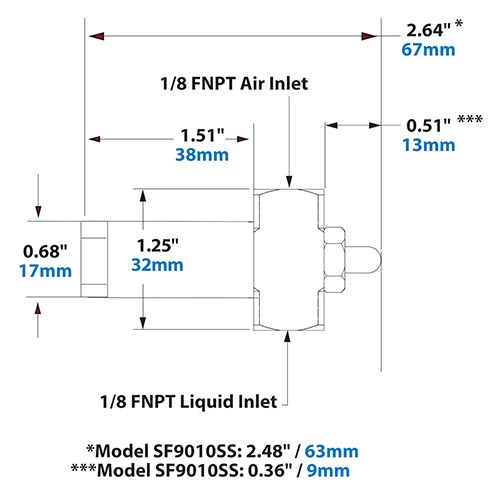 Dimensions - 1/8 FNPT Siphon Fed Flat Fan Pattern Atomizing Nozzle Dimensions - 1/8 FNPT Siphon Fed Flat Fan Pattern Atomizing Nozzle